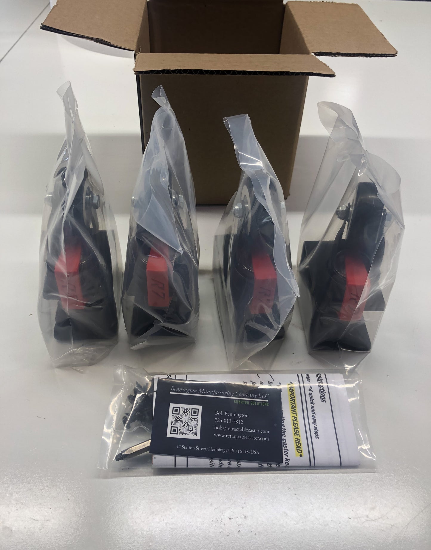 One set includes - Four of the onginal R7 Smart casters with all the mounting hardware included. Please Note before ordering: Due to high demand lead times to ship can be 2 weeks (or more) from receipt of order.