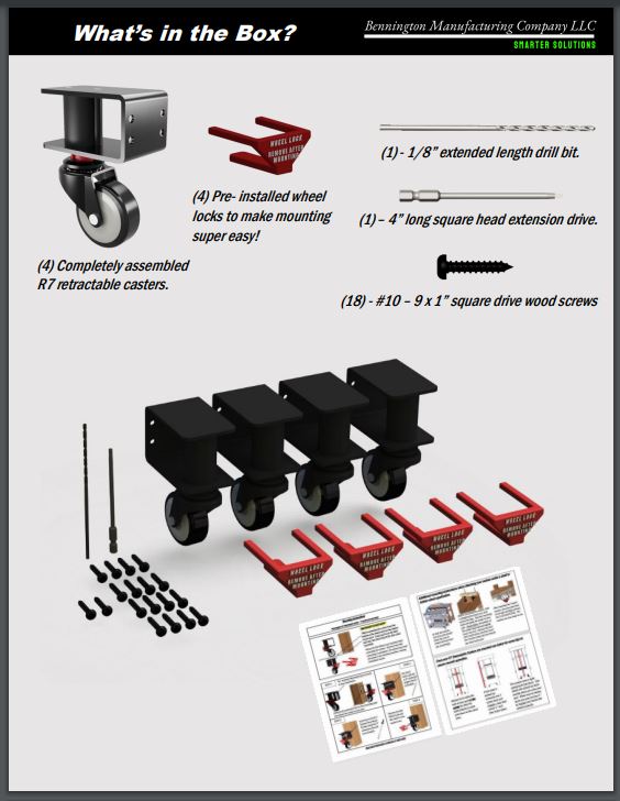 One set includes - Four of the onginal R7 Smart casters with all the mounting hardware included. Please Note before ordering: Due to high demand lead times to ship can be 2 weeks (or more) from receipt of order.