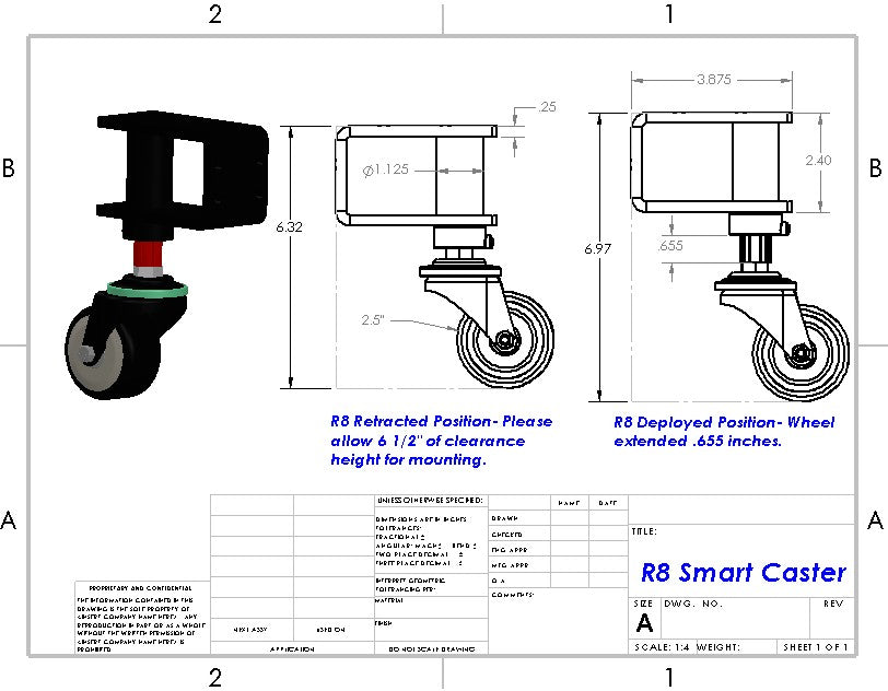One set includes - Four of the New R8 Smart Casters with all the mounting hardware included. Please Note before ordering: Due to high demand lead times to ship can be 2 weeks (or more) from receipt of order.
